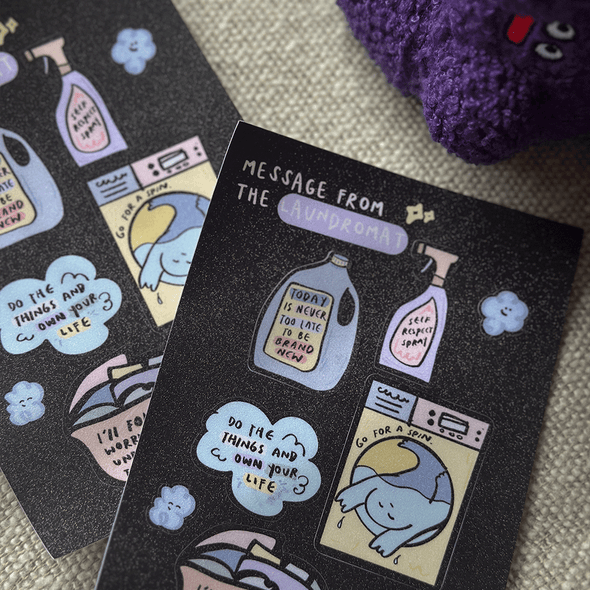 Message from the Laundromat.&nbsp;

A sticker sheet of messages we derived from the laundromat :)

Finishing: Pixie Dust

Sticker sheet: 8 stickers
Size: A6